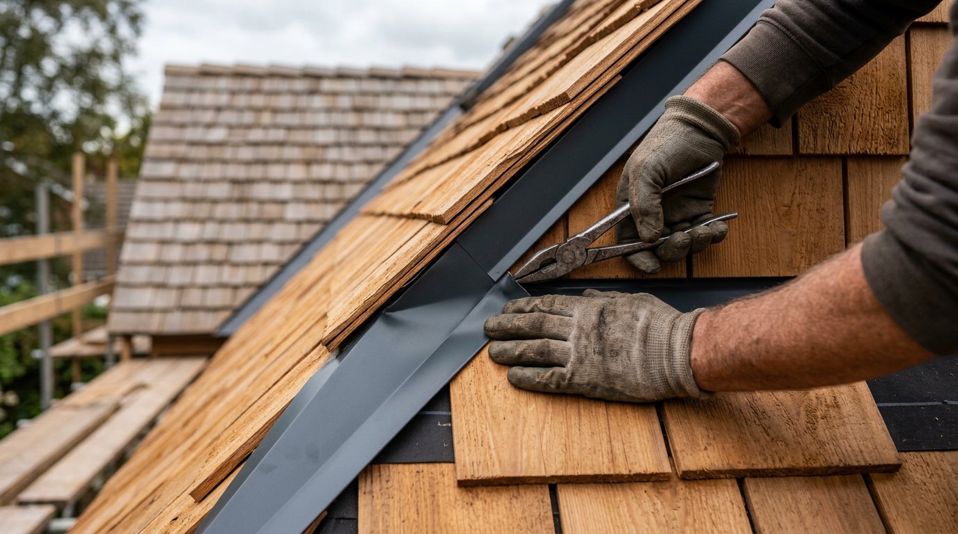 Conceptual close view of gloved hands aligning roof flashing beside cedar