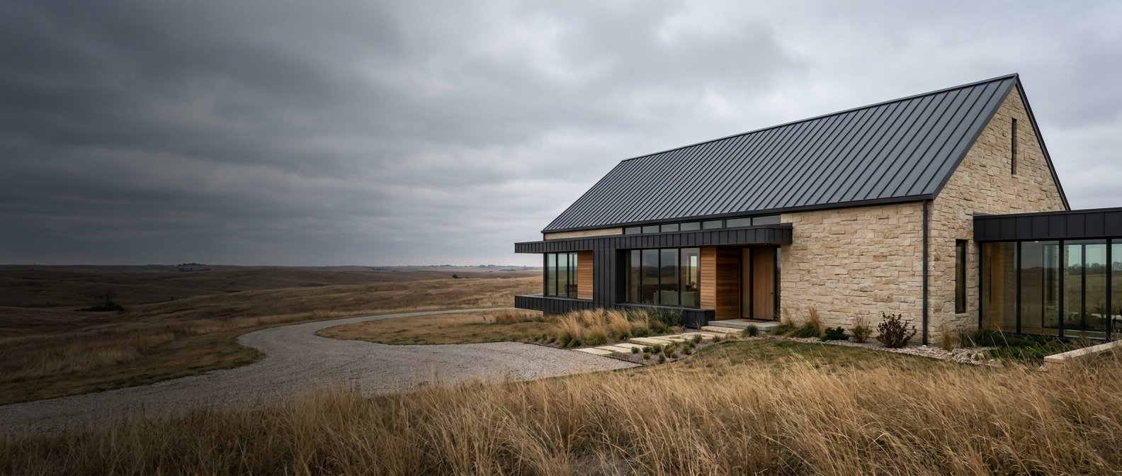 Conceptual modern residence with a graphite roof and limestone exterior