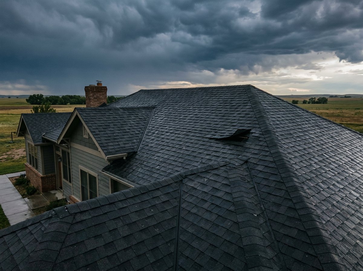 Conceptual storm assessment scene showing wet roof beneath clearing clouds